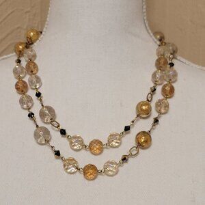 Vintage Bead Necklace Glass Beads Gold Foil Fused Aurora Borealis Crystals Adjus